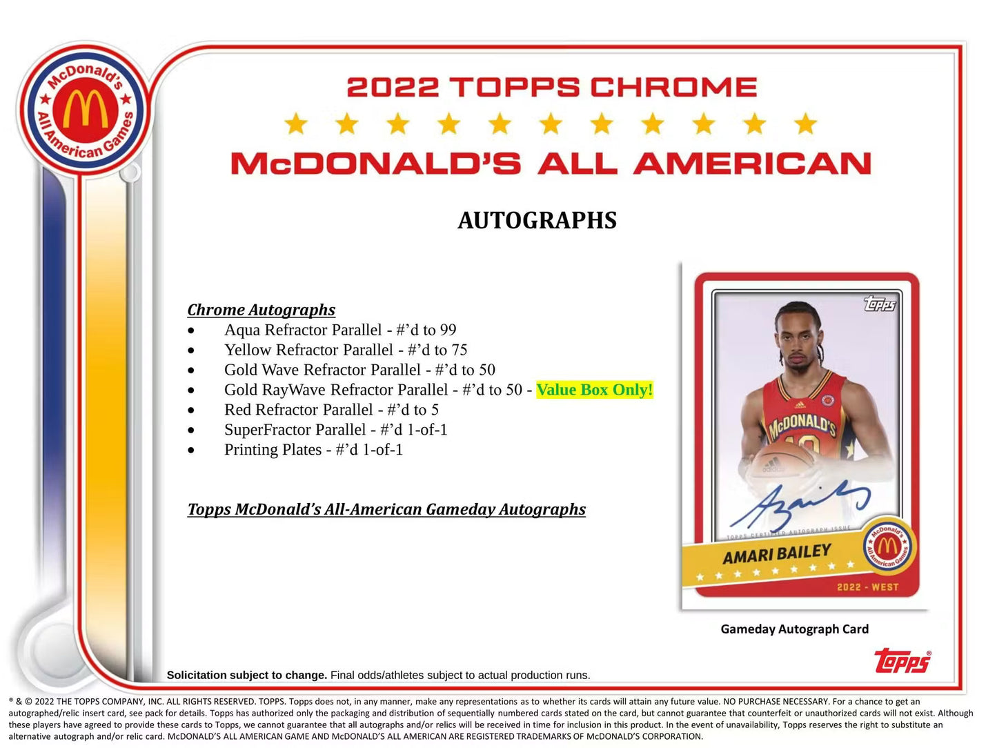 2022 Topps McDonald's All American Chrome Basketball - Blaster Box